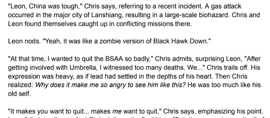 JlylLyth's tweet photo. In his conversation with Leon, Chris admitted that he desperately wanted to quit the BSAA after the events of the Lanshiang incident in China. However, he couldn't bring himself to do it because of Piers. Meanwhile, Leon was devastated by the loss of the President.
#REBHFun 
1/2 https://t.co/OKCGPPGI8m