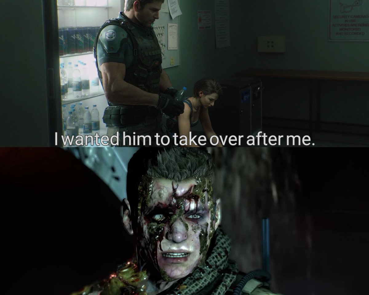 JlylLyth's tweet photo. In his conversation with Leon, Chris admitted that he desperately wanted to quit the BSAA after the events of the Lanshiang incident in China. However, he couldn't bring himself to do it because of Piers. Meanwhile, Leon was devastated by the loss of the President.
#REBHFun 
1/2 https://t.co/OKCGPPGI8m