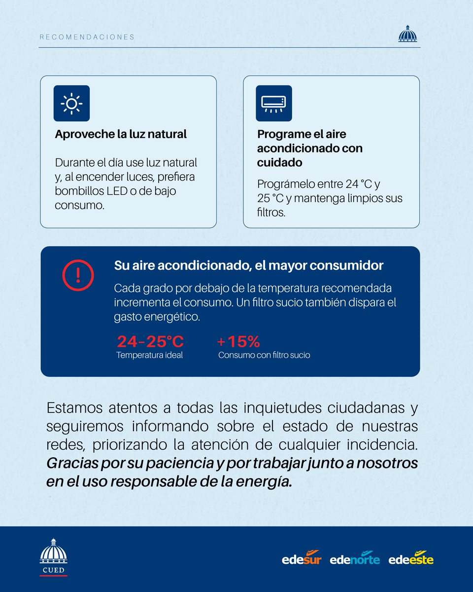CUED_RD's tweet photo. El verano aprieta, y lo sabemos. Se nota en el consumo, en la factura y en la paciencia de cada hogar. Antes de hablar de cifras, queremos hablarles con la misma franqueza con la que ustedes nos escriben cada día.

👉🏻Deslicen para entender por qué ocurre esto y qué pueden hacer para reducir su impacto.

@EdesurRD  @EdeesteRD  @EdenorteRD