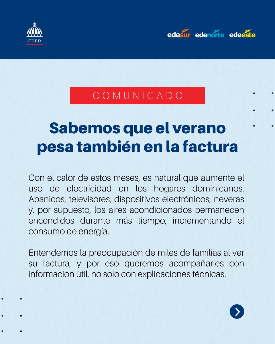 CUED_RD's tweet photo. El verano aprieta, y lo sabemos. Se nota en el consumo, en la factura y en la paciencia de cada hogar. Antes de hablar de cifras, queremos hablarles con la misma franqueza con la que ustedes nos escriben cada día.

👉🏻Deslicen para entender por qué ocurre esto y qué pueden hacer para reducir su impacto.

@EdesurRD  @EdeesteRD  @EdenorteRD