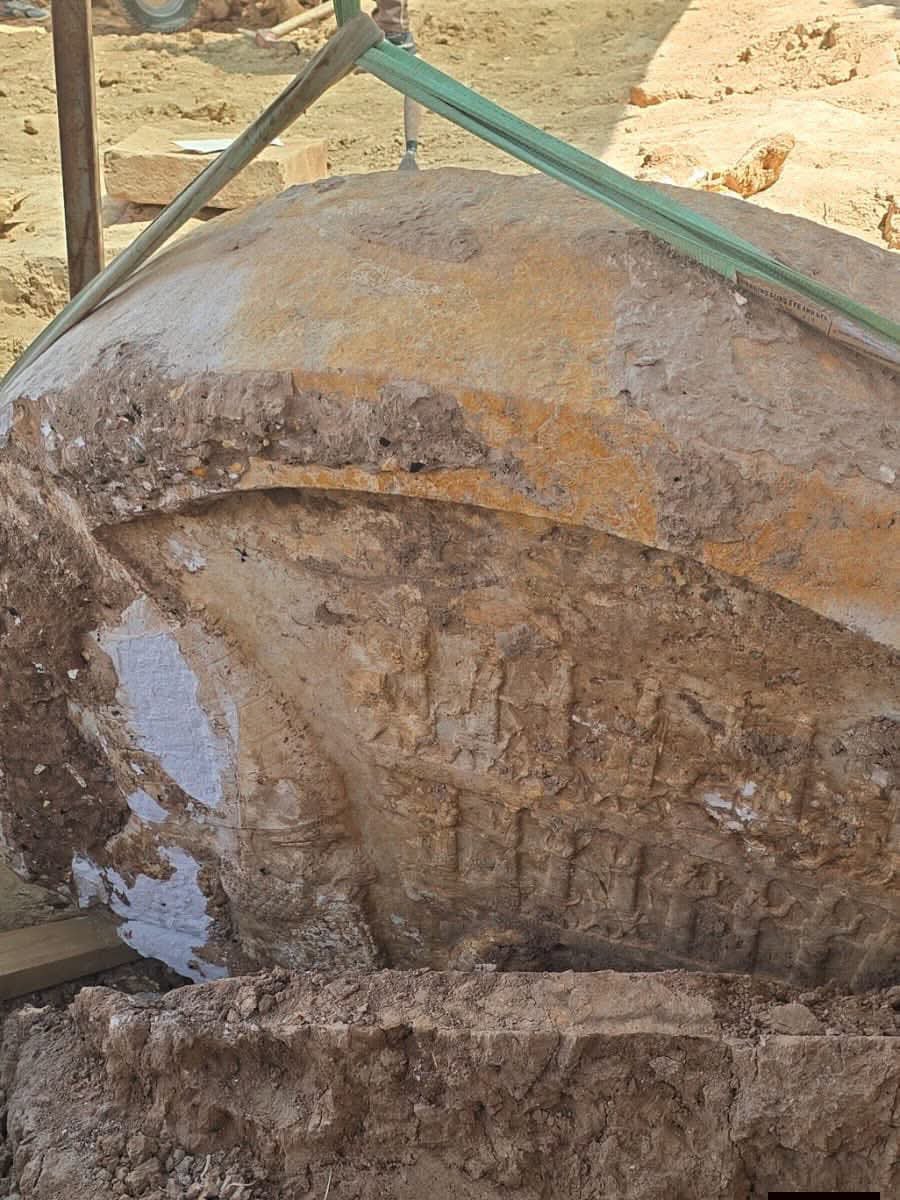histories_arch's tweet photo. For the first time in decades, a monumental Assyrian royal stele has been discovered at ancient Nineveh.... 

Unearthed in 2026 near the city’s Sun Gate in Mosul, Iraq 🇮🇶, the 7th Century BC monument stands around 2m (6.6ft) tall and was carved from a single block of Mosul marble.

The front depicts the Assyrian king Ashurbanipal (668–627 BC), while cuneiform inscriptions record his building projects across the empire. As the inscription continues to be deciphered, archaeologists hope it will provide valuable new insights into the final years of the Neo-Assyrian Empire.

The stele was uncovered during restoration work at Nineveh, much of which was damaged during the occupation of ISIS between 2014 and 2017, making the discovery all the more significant. 

#archaeohistories