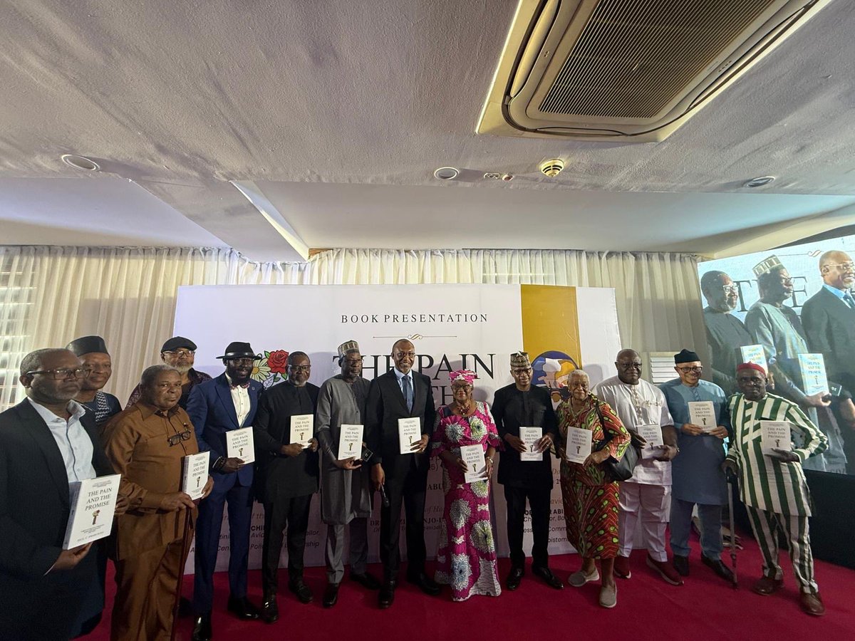 NOIweala's tweet photo. At the unveiling and launch of @paul_nwabuikwu‘s wonderful new book "The Pain and the Promise". This nifty collection of essays, stories, poems and commentary, is a great read that offers true insights into Nigeria‘s journey as a country over the past three and a half decades, interspersed with stories of ordinary human beings trying to make life work in a country that is not always so easy to navigate. Kudos to you Paul!