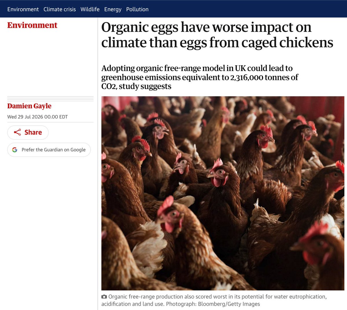 Lewis_Bollard's tweet photo. This is where climate myopia leads: defending factory farming because it has slightly lower emissions.

It's true that caged hens emit less — if you can't move, you don't eat as much grain. Caged humans would also emit less.

But the effect is tiny. Even using this study's numbers, a dozen organic eggs has the climate impact of about five minutes of driving.

The animal welfare impact is not tiny. A dozen caged eggs requires confining a hen for around 335 hours in a space smaller than a sheet of paper.

That's not a climate solution. It's just cruelty with a green label.