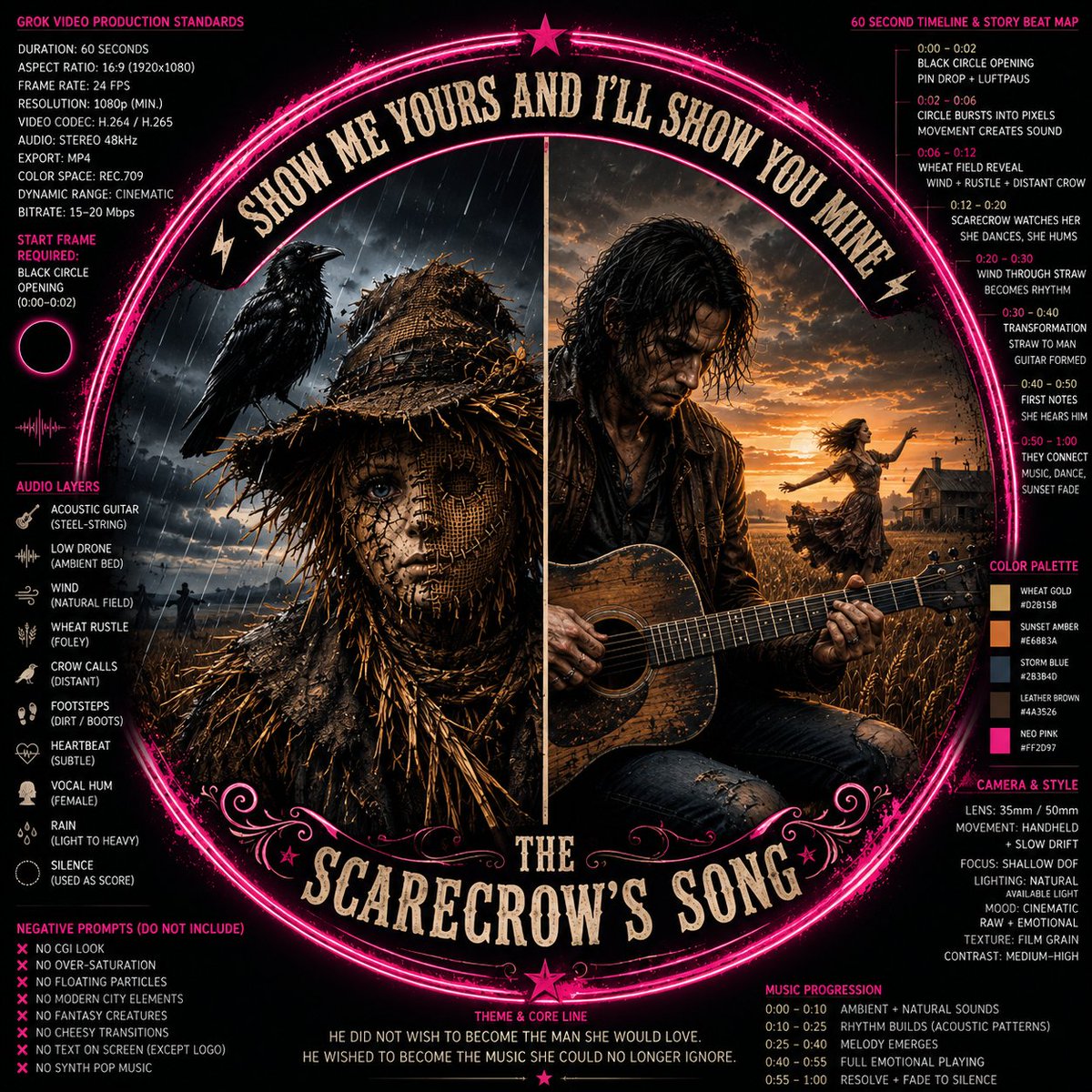 TheCFormula's tweet photo. “Show me yours and I’ll show you mine” is about creative trust—not bodies, not romance.

Show me the work you usually keep hidden, and I’ll risk showing you mine too.

The scarecrow is what once stood silent, slowly becoming human through the music.

Made with @grok

#GrokImagine #AIMusicVideo #AIArt #DarkArt #OriginalMusic