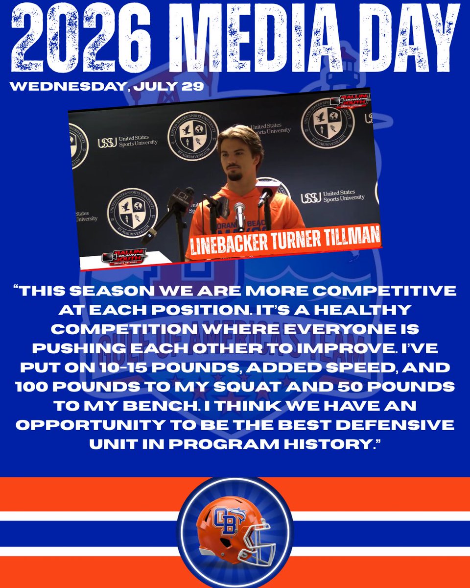 OrangeBeachFB's tweet photo. 2026 Media Day: Senior Linebacker Turner Tillman @turnertill11 talks off-season program, personal improvement and outlook for the season. #makos #orangebeach https://t.co/N7N6f8B7qa