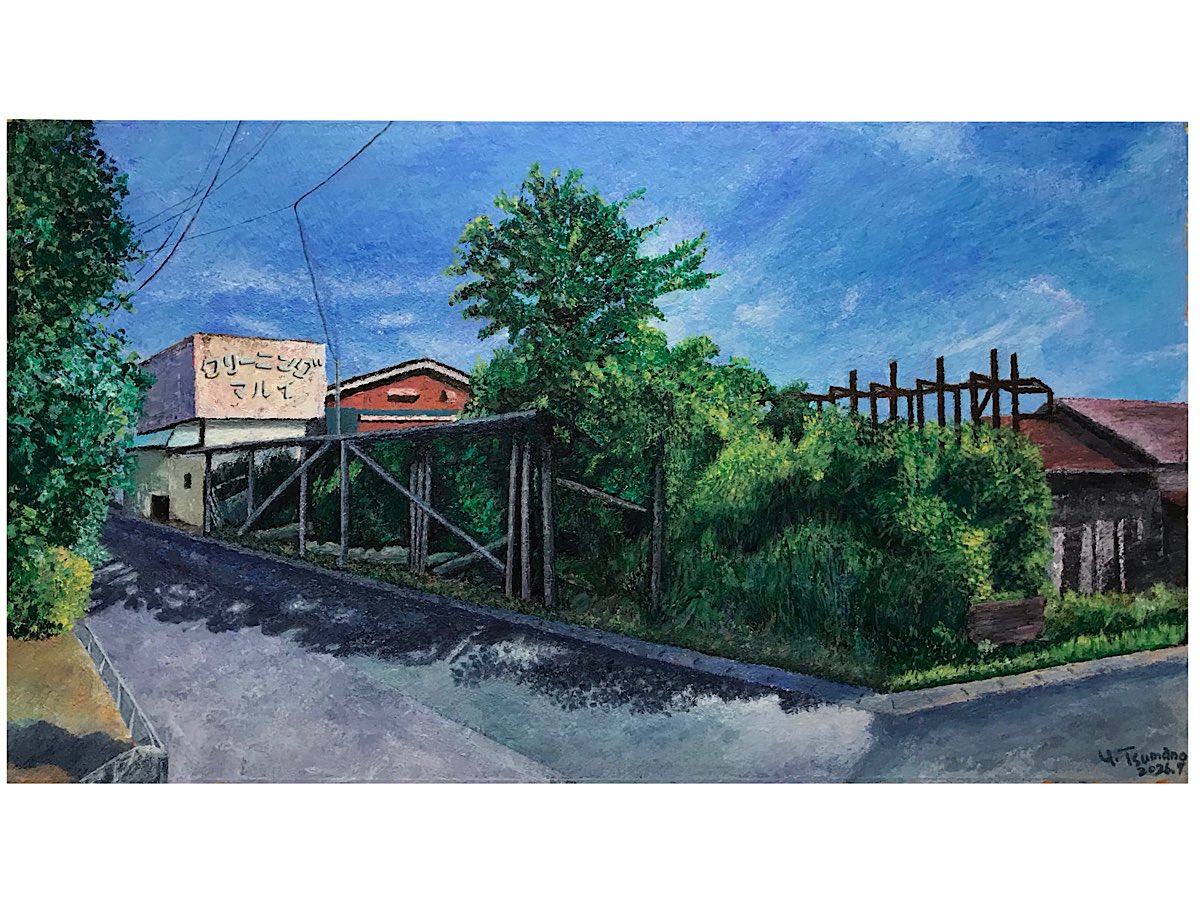 Tsumayuki222's tweet photo. 完成!
『鉄骨のある風景』　紙にアクリル絵の具　約50x27cm  2026年
もう朝だ。
#アクリル画 https://t.co/X0bwL7cNRm