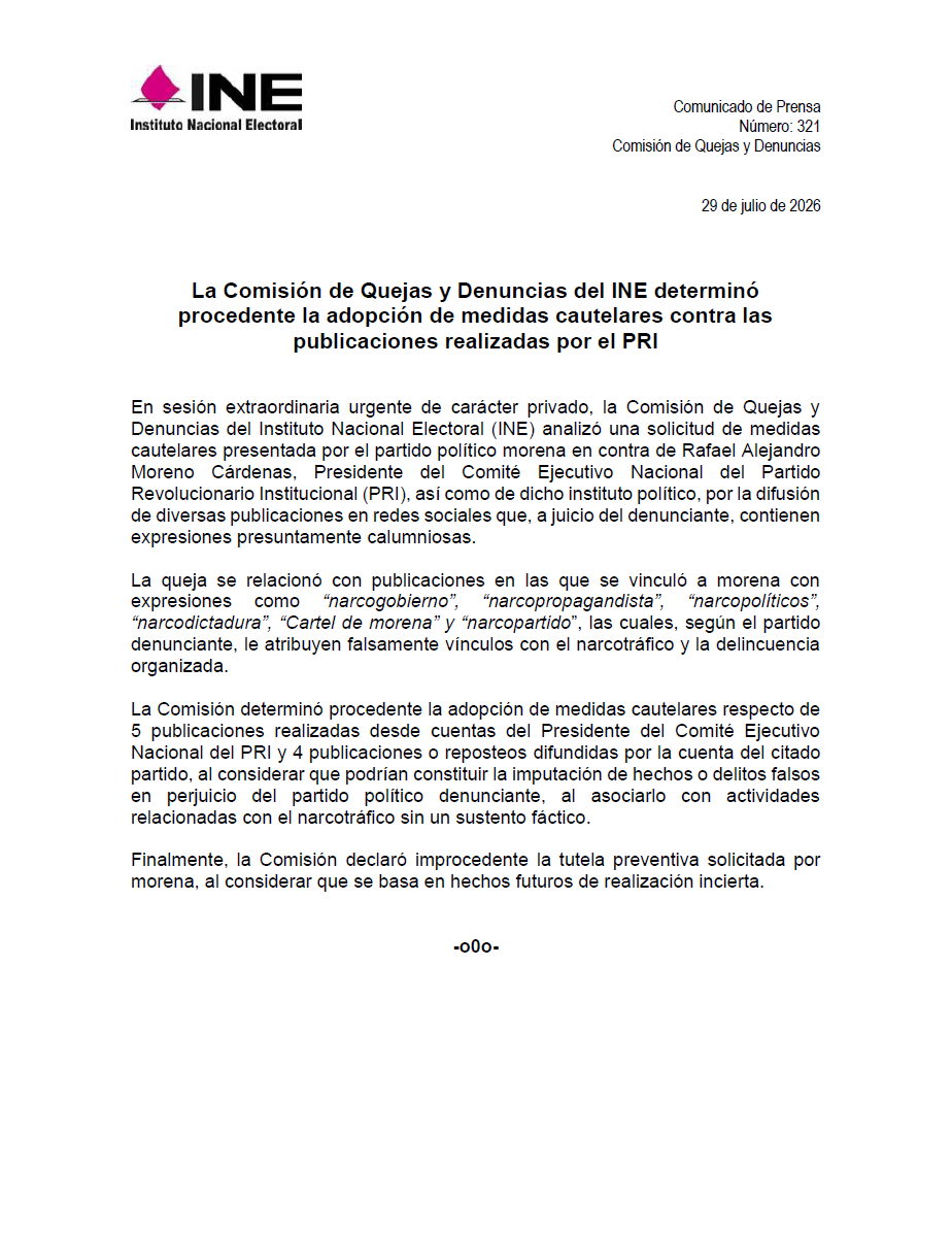 INEMexico's tweet photo. #BoletínINE 📄| La Comisión de Quejas y Denuncias del #INE determinó procedente la adopción de medidas cautelares contra las publicaciones realizadas por el PRI. 

🔗Más información en el enlace👇

https://t.co/yooftCknNE https://t.co/Uf8suwrufl
