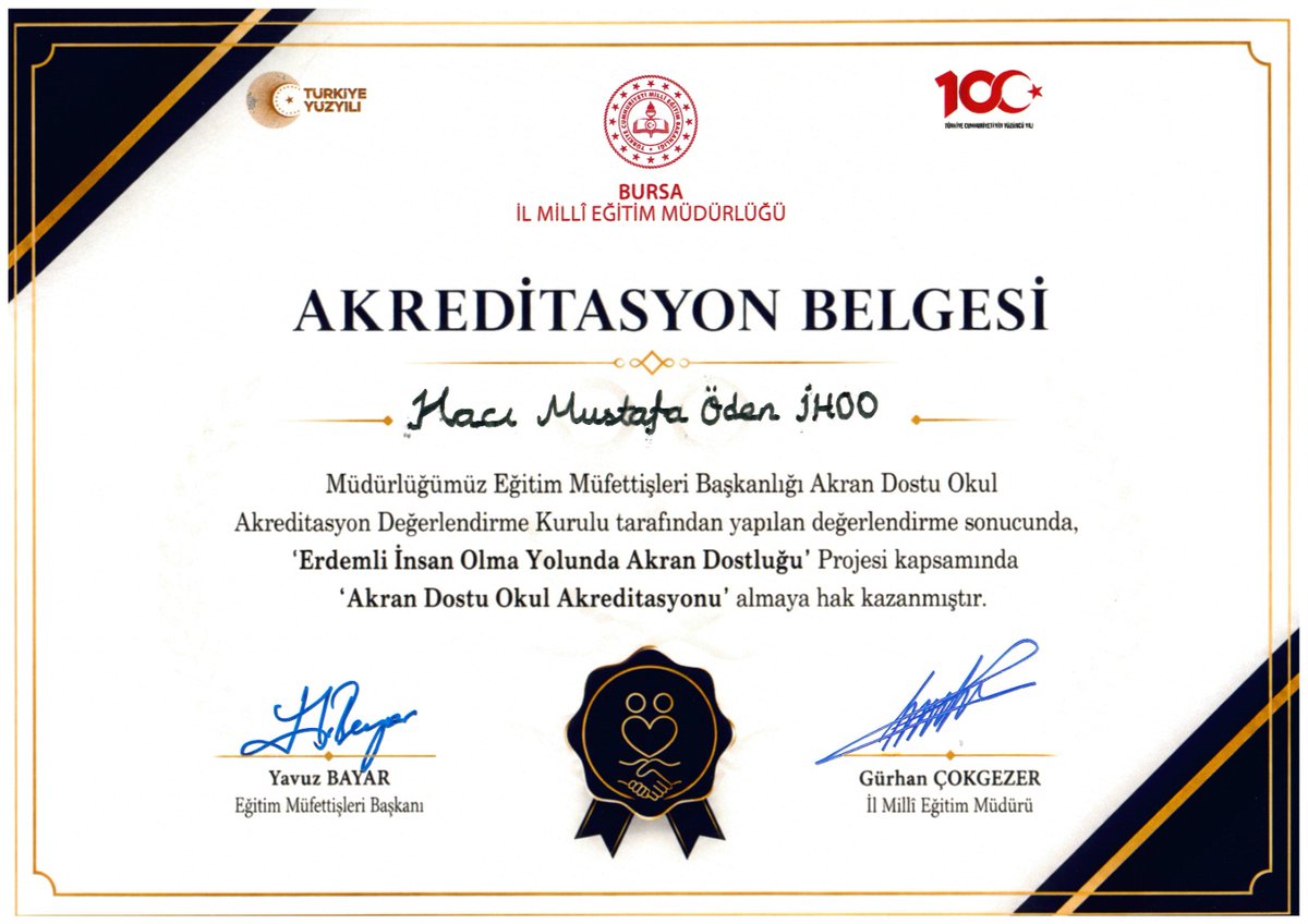 HacOden's tweet photo. 📷 Okulumuz Akran Dostu Okul Akreditasyon Belgesi aldı.

Bursa İl Millî Eğitim Müdürlüğü Eğitim Müfettişleri Başkanlığı tarafından yürütülen "Erdemli İnsan Olma Yolunda Akran Dostluğu Programı" kapsamında Akran Dostu Okul Akreditasyon Belgesi almaya hak kazandık. https://t.co/zMj9Zp87f3