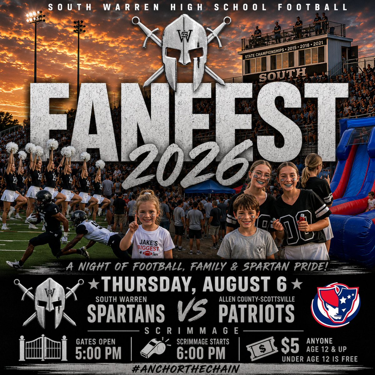 SouthWarrenFB's tweet photo. Spartan Fans!!! It’s time to head back down South as our Spartans take the field for the unofficial kickoff of the 2026 season! Come out Thursday, August 6 for tons of football, inflatables, face-painting, food trucks, and the chance to stock up on Spartan gear! #anchorthechain https://t.co/y5g0yz1McA