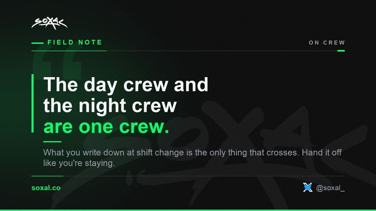 soXal_'s tweet photo. the day crew and the night crew are one crew.
what you write down at shift change is the only thing that crosses. hand it off like you're staying.
#IATSE #crewlife #stagehand https://t.co/OsJyNtbksI