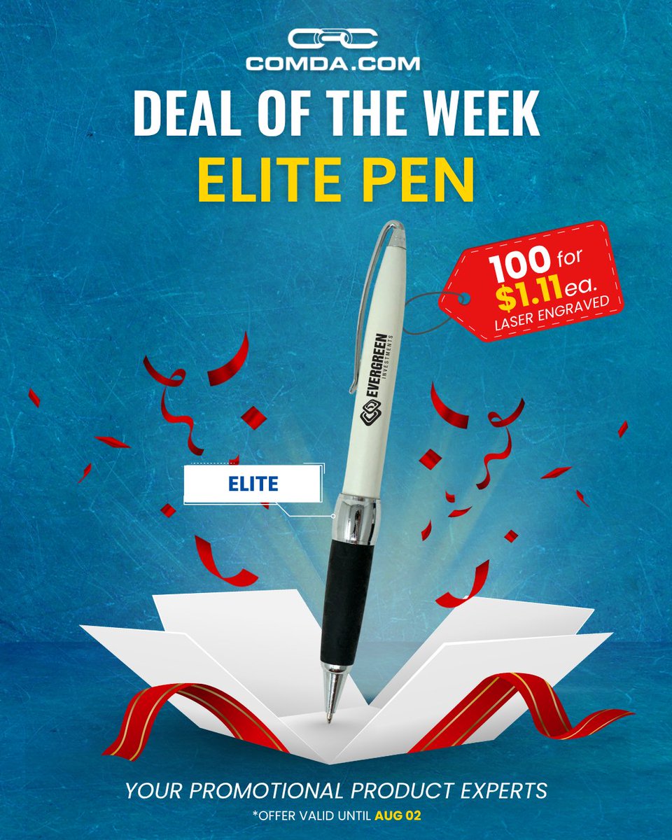 ComdaPromo's tweet photo. Looking for an executive-tier giveaway that leaves a lasting impression without stretching your budget?

This week’s deal features our best-selling Elite Metal Pen, engineered to keep your brand top-of-mind every single day.

Shop the deal now: https://t.co/fQRDpPlSgo

#COMDA https://t.co/HSpwZHgvJv