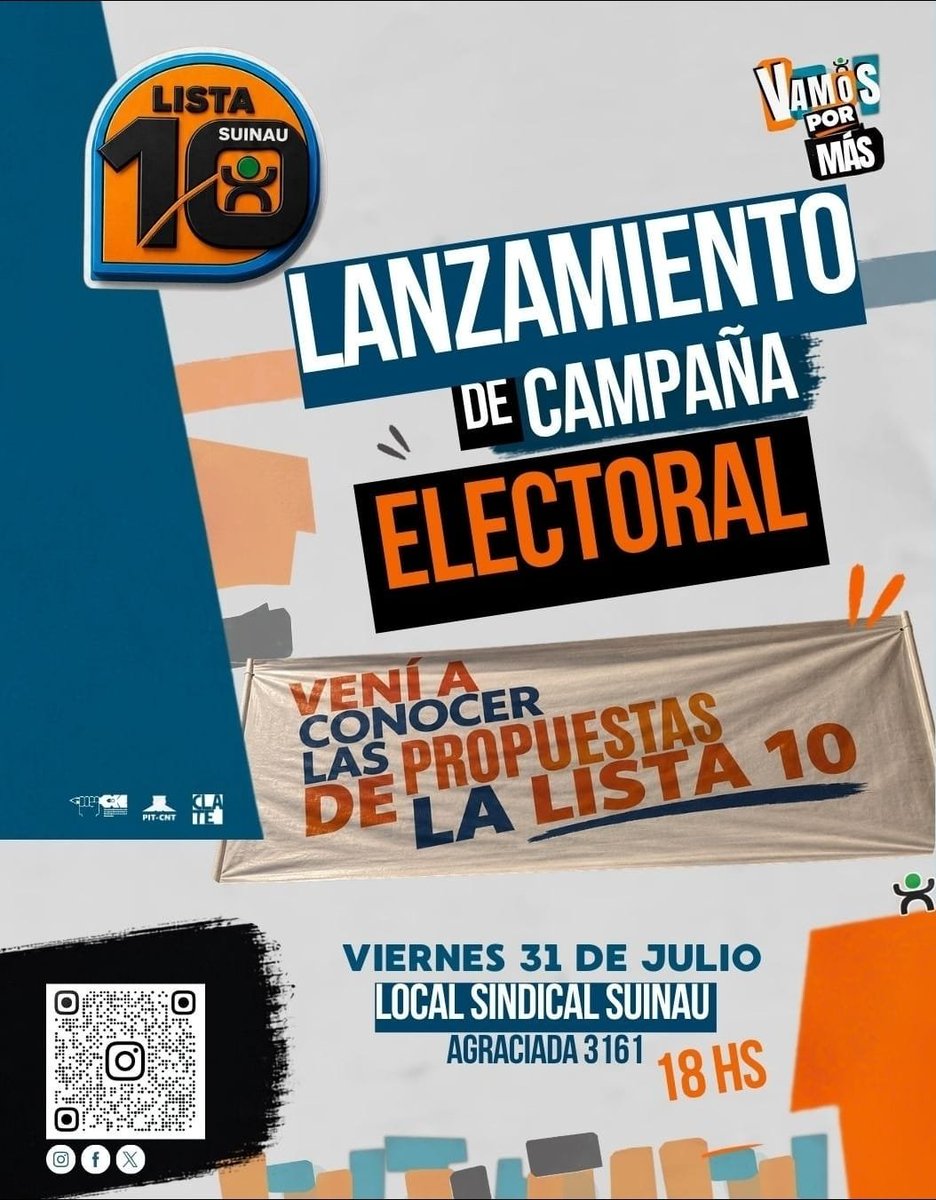 10_lista's tweet photo. Viernes 31/7, 18 hs realizaremos el lanzamiento de LA LISTA 10 DEL SUINAU, en una actividad donde hablarán los principales  referentes del Sindicato y participarán compañeros y compañeras de INAU y de INISA de todo el País.

¡Para seguir marcando la diferencia!
#VamosPorMas https://t.co/bZIEnSbFqR