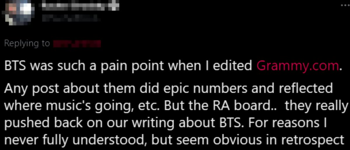 EgosShadow7's tweet photo. This reminded me of something a former managing editor for the Grammy Awards website said back in 2021 about the continued pushback against BTS https://t.co/BdY8RtGVLN