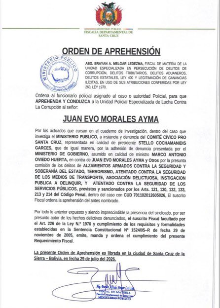 OrlvndoA's tweet photo. #URGENTE | La Fiscalía de Bolivia ordenó la captura de Evo Morales bajo acusación de terrorismo. https://t.co/olh02DdXPC