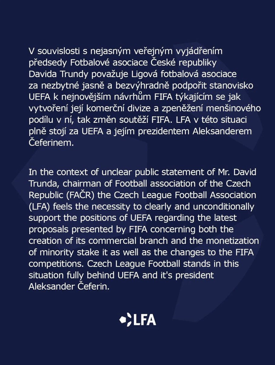 PolymarketSport's tweet photo. 🚨UPDATE: The Czech League has released a statement disagreeing with the Czech FA: https://t.co/vR4YlbKjDa