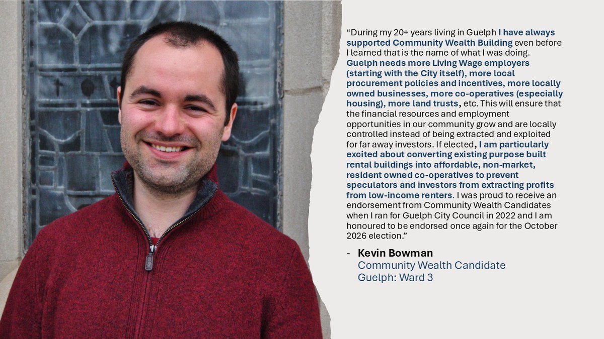 CWCandidates's tweet photo. ENDORSEMENT!
We are thrilled to again endorse longstanding community wealth building champion Kevin Bowman in Guelph! 
His statement hits the nail on the head. 
Great candidates now in St. Catharines, Guelph, and Victoria, with more to come! https://t.co/Ia9oBWTPr9