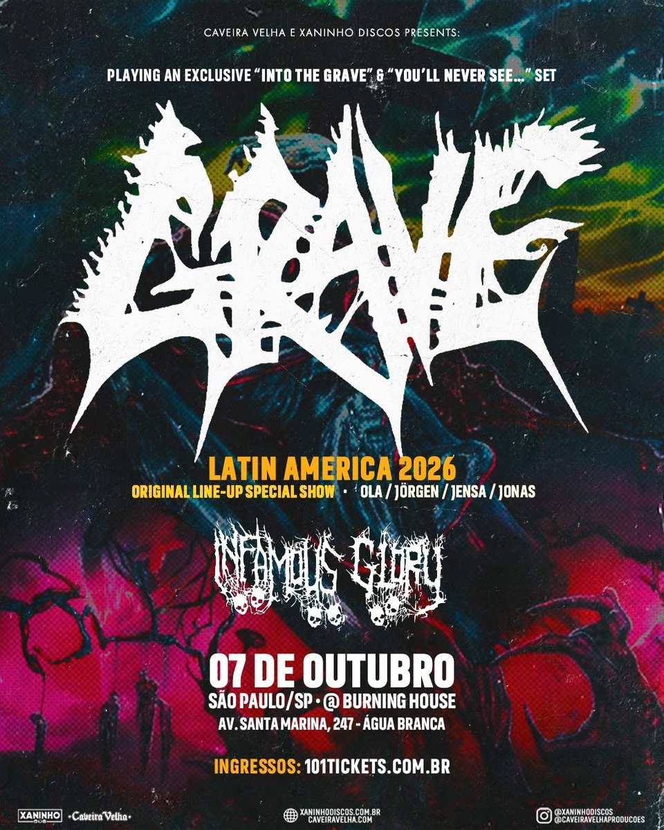 screamyell's tweet photo. @takkocafesp @aterciopelados @CoronaCapital @Suhaimusichall Grave, lenda do death metal sueco, traz formação original a São Paulo! Show na Burning House, dia 7 de outubro, terá repertório exclusivo dedicado aos álbuns 'Into the Grave' e 'You’ll Never See...'

Ingressos: https://t.co/3JDRbLQyqe https://t.co/qdIpl0dz2i