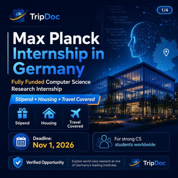 Triip_Doc's tweet photo. Germany is funding computer science research internships for exceptional students worldwide 🇩🇪

Stipend, housing and round-trip travel are covered—but this is a highly competitive academic research programme, not a beginner coding internship.

Summer 2027 deadline: November 1, 2026.

Search “Max Planck Internship” on https://t.co/sRR6grrP5f.

#MaxPlanck #InternshipInGermany #FullyFundedInternship #ComputerScience #InternationalStudents