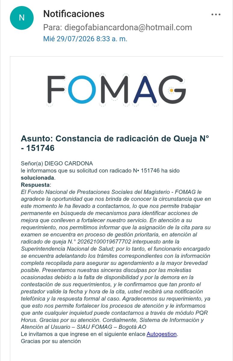 SoniaSurez78462's tweet photo. @FomagOficial Aunque indican gestión prioritaria, no asignan fecha, prestador ni plazo para el PET ordenado el 09/07/2026. El examen continúa pendiente, afectando la oportunidad de la atención oncológica. Solicito asignación inmediata del examen en la @FSFB_Salud @Supersalud https://t.co/ENvM5TmfvZ