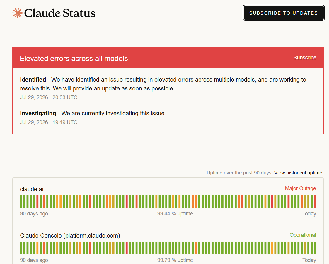 Anto1nx's tweet photo. Claude just died on me mid-dev.

Elevated errors across all models. Investigating since 19:49 UTC. https://t.co/5MCfjvr3uc fully red.
I was deep in a Claude Code agent loop. Everything just froze.
Anyone else getting cut off right now? https://t.co/Y6uod7rP07
