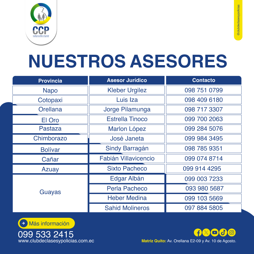 CCPEcuador1's tweet photo. ⚖️ ¡Beneficio exclusivo para socios CCP! Accede GRATIS a la asesoría jurídica para firma de versiones en asuntos internos de la Policía Nacional. Requisitos: carnet CCP y estar al día en aportes. 📲 099 533 2415 #CCP #PoliciaEcuador https://t.co/EdNXvab92L