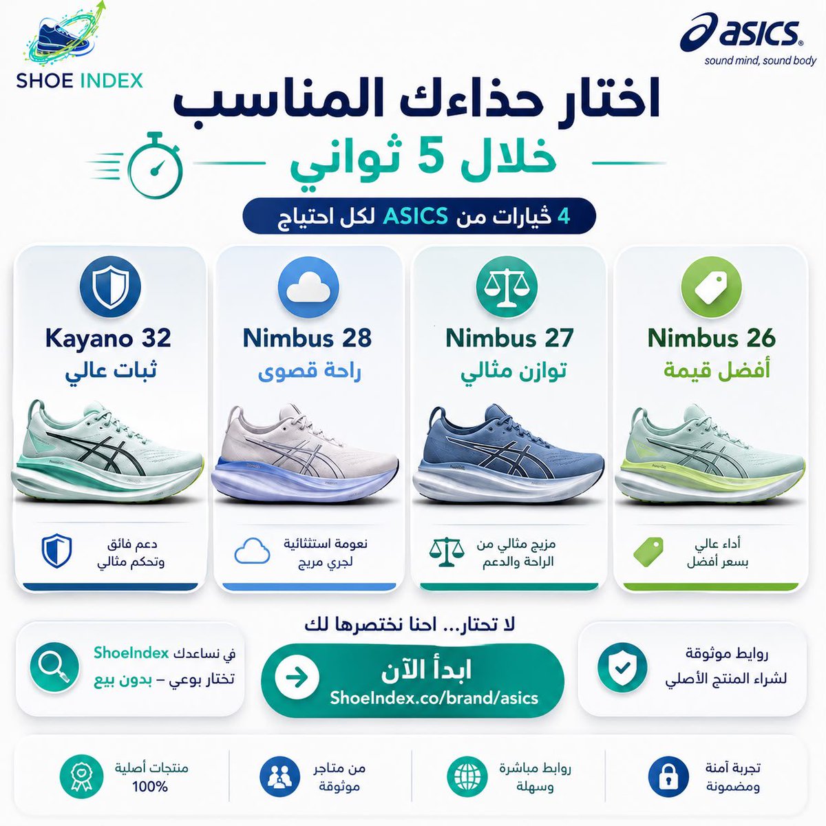 Shoeindex_'s tweet photo. اختيار حذاء الجري صار أسهل 👇

Kayano 32 🛡️ ثبات عالي
Nimbus 28 ☁️ راحة قصوى
Nimbus 27 ⚖️ توازن مثالي
Nimbus 26 💰 أفضل قيمة

🔎 في ShoeIndex نختصر عليك القرار:
نقارن لك بدون بيع… ونوجهك للأفضل

ابدأ الآن:
https://t.co/cVMB5mHi5H

#ASICS #RunningShoes  #أحذية_رياضية https://t.co/pezaTFjCUd