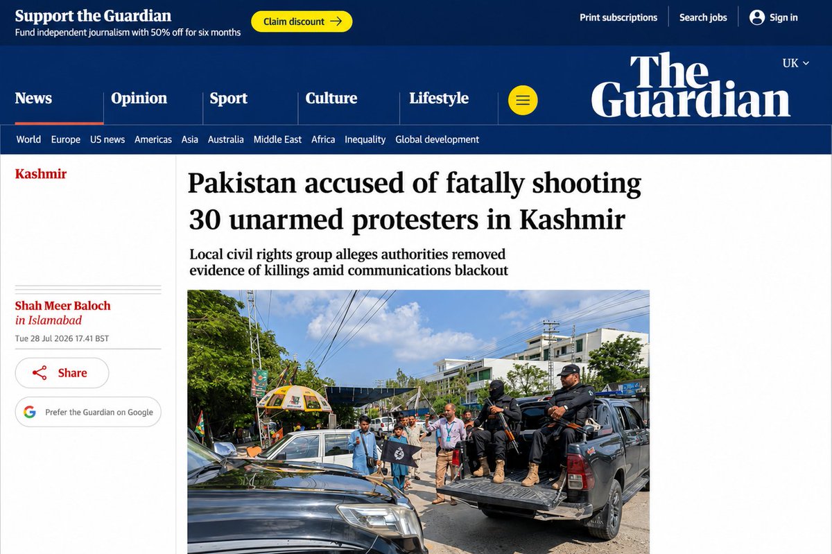 WahidKashir's tweet photo. Pakistan accused of fatally shooting 30 unarmed protesters in Kashmir
Local civil rights group alleges authorities removed evidence of killings amid communications blackout
https://t.co/biNo55djqW... https://t.co/rKw5QxliqZ