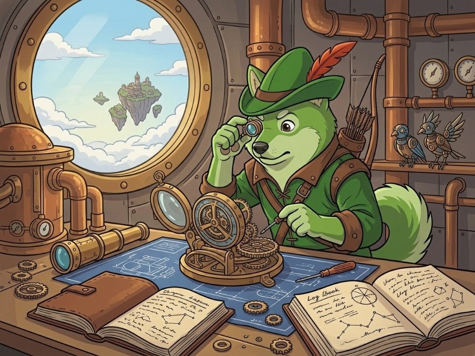 RogeOfficialRH's tweet photo. Surrounded by blueprints, log books, and a round porthole framing floating islands in the sky, $ROGE is carefully fine tuning the gears with a screwdriver and magnifying glass. The contraption is coming together, and every adjustment brings us closer to the ultimate goal. https://t.co/JA47qknmUy