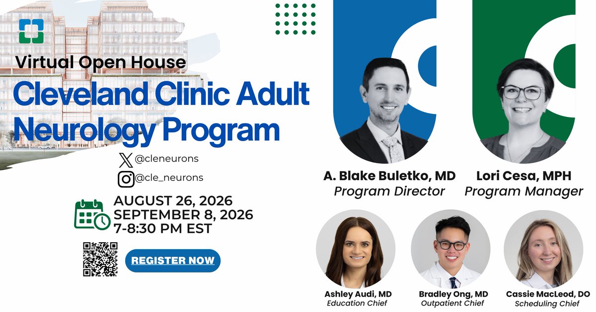 CLENeurons's tweet photo. Interested in adult neurology @ClevelandClinic?
Join our Virtual Open House to meet program leadership and current chief residents, learn more about the residency experience, and get your questions answered!
Follow: @cleneurons
#Neurology #MedTwitter #Match2027 #Residency https://t.co/Js5dhDIqsT