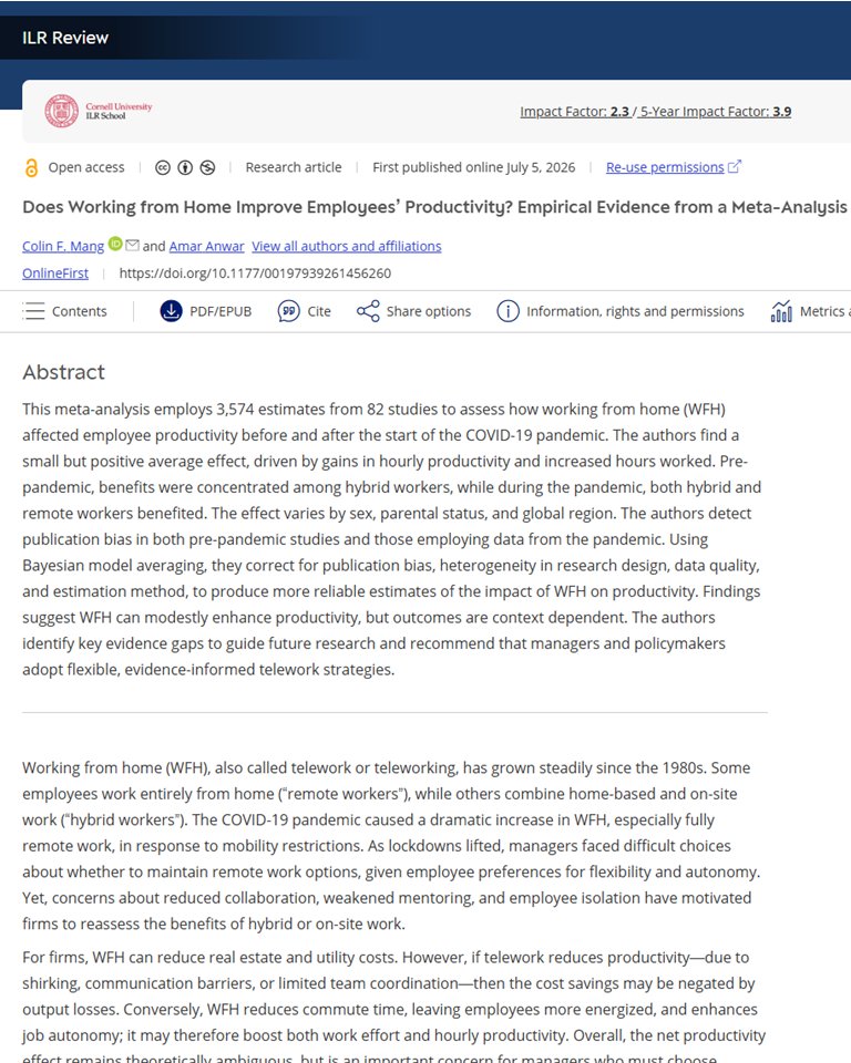 ColinMang's tweet photo. ICYMI: Working from home boosts average productivity. My new study co-written with Amar Anwar (@cbuniversity) indicates businesses and governments who have ended hybrid working arrangements are making a mistake. Read it here: https://t.co/jSrU8bo3BH
#telework #productivity https://t.co/zs9AKSeJH4
