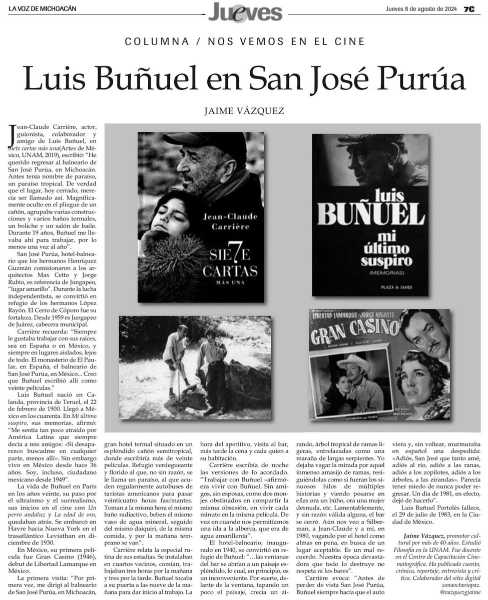 vazquezgjaime's tweet photo. Aniversario luctuoso de don Luis Buñuel, un genio escribiendo en San José Purúa. 
Una nota publicada en el suplemento cultural Jueves de @vozmichoacan https://t.co/pZ6rIgn6Uq