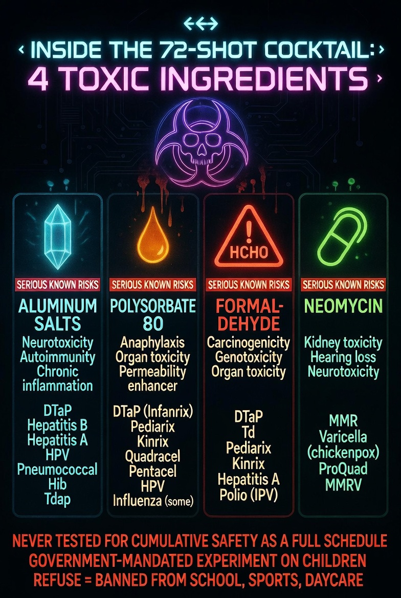 ValerieAnne1970's tweet photo. America’s children are being injected with a 72-shot chemical cocktail that has NEVER been tested for safety.

⚠️ Formaldehyde (known carcinogen)
⚠️ Neomycin (can destroy gut flora & trigger allergies)
⚠️ Aluminum (neurotoxin that crosses the blood-brain barrier)
⚠️ Polysorbate 80 (opens the brain to toxins)

These poisons are slammed directly into tiny bodies and brains during critical development windows — with ZERO studies on the cumulative toxic load and ZERO accountability from the agencies ramming it through.

Refuse even ONE dose and your child is locked out of school, sports, daycare, and summer programs.

This isn’t “public health.”
This is government-mandated medical experimentation on an entire generation — and the devastating fallout has been exploding for decades.
