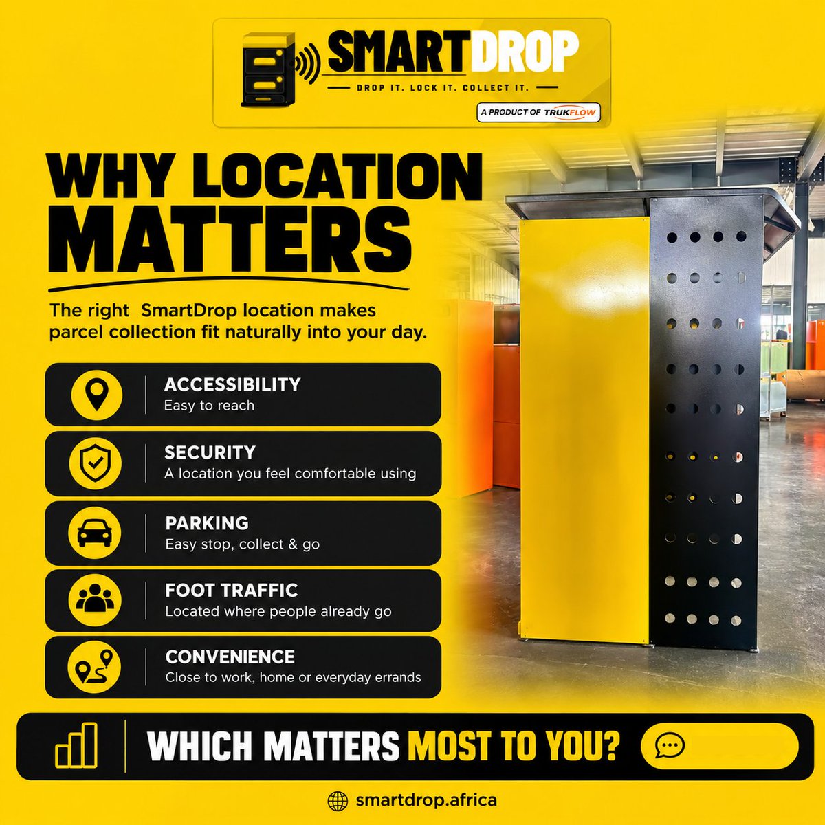 Trukflow's tweet photo. Where a SmartDrop locker sits matters.
What would matter MOST to you when choosing a parcel collection point?
🔐 Security
📍 Accessibility
🚗 Parking
🚶 Foot traffic
⚡ Convenience
Pick one 👇
🌐 https://t.co/RNjK3ROnw2
#SmartDrop #SmartLockers #LastMileDelivery #KenyanReggae https://t.co/bxt6xltV4G