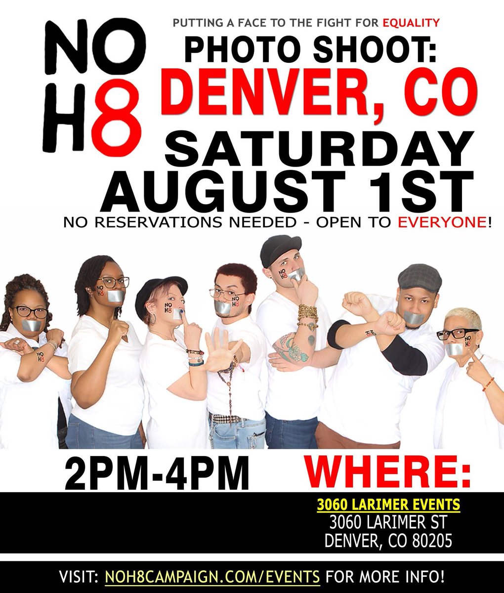NOH8Campaign's tweet photo. 📣 Spread the word! #NOH8 photo shoot Saturday (8/1) in Denver, CO: https://t.co/qx25uiXTOY https://t.co/FB4KDeSeqY
