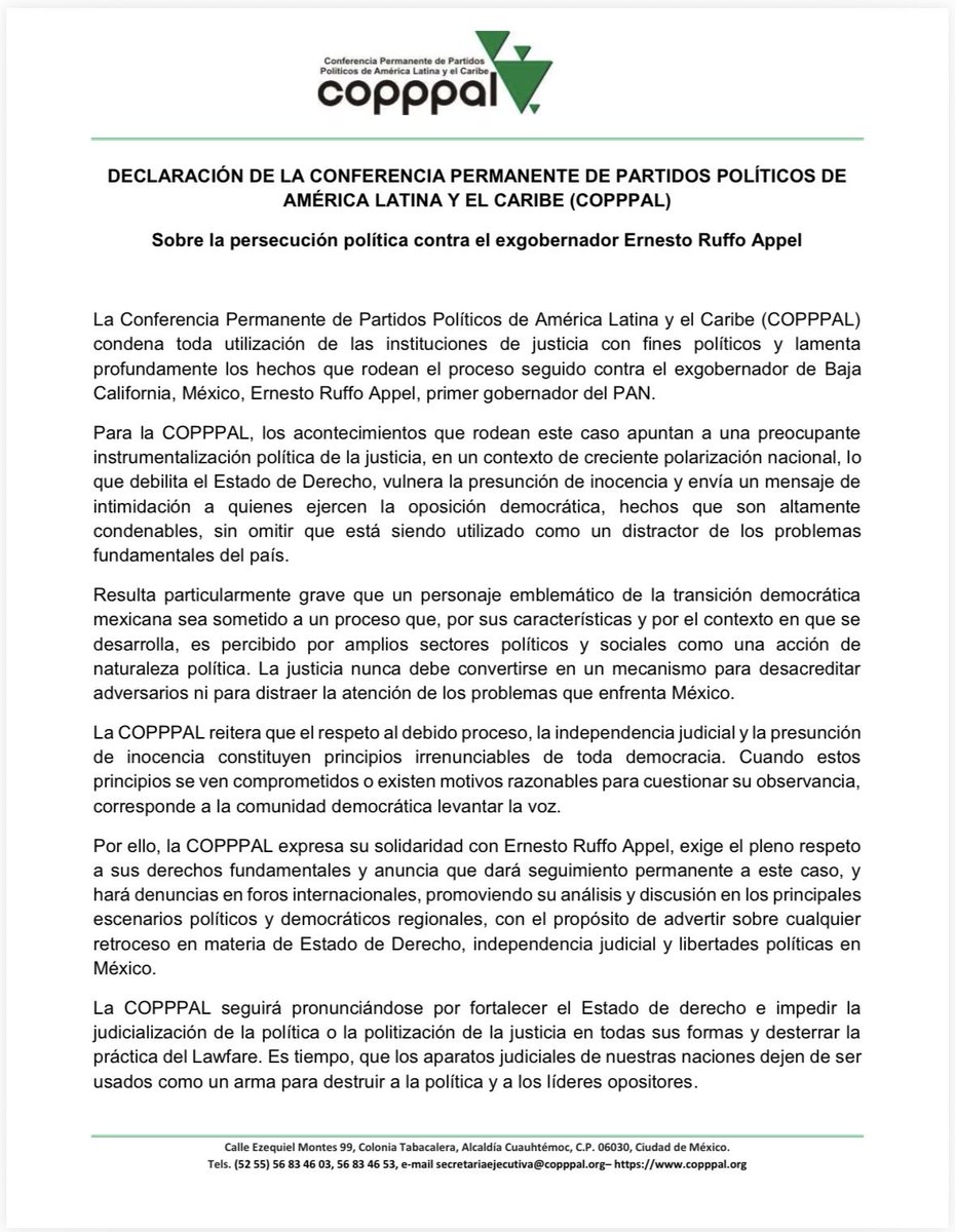 Redex_mx's tweet photo. Respaldamos la postura de @copppal_oficial. Hay persecución política contra Ernesto Ruffo Appel. 

Este gobierno usa la justicia con fines políticos, elimina la presunción de inocencia y debilita el Estado de Derecho. 

Exigimos respeto pleno a las libertades políticas en México. https://t.co/YFzi4Wk3Rh