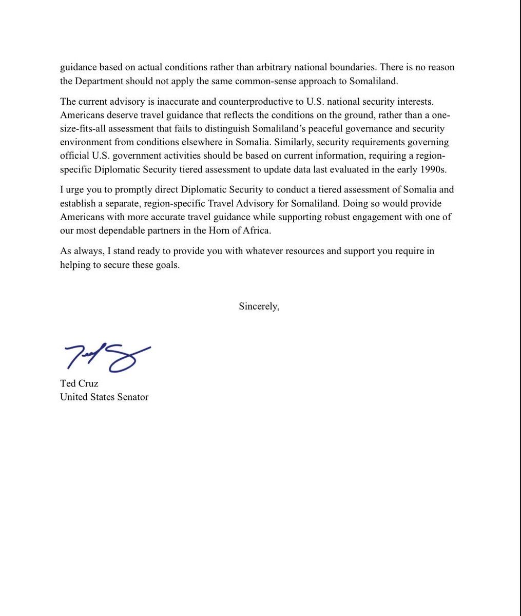RepOfSomaliland's tweet photo. The Republic of Somaliland has earned its own U.S. travel advisory.

Decades of peace, democratic elections, and security should never be lumped together with Somalia’s failed state and ongoing instability. @SenTedCruz is right to urge @SecRubio to issue separate U.S. travel advisories for the Republic of Somaliland and Somalia.

Facts matter. Security matters. 
Reality matters.