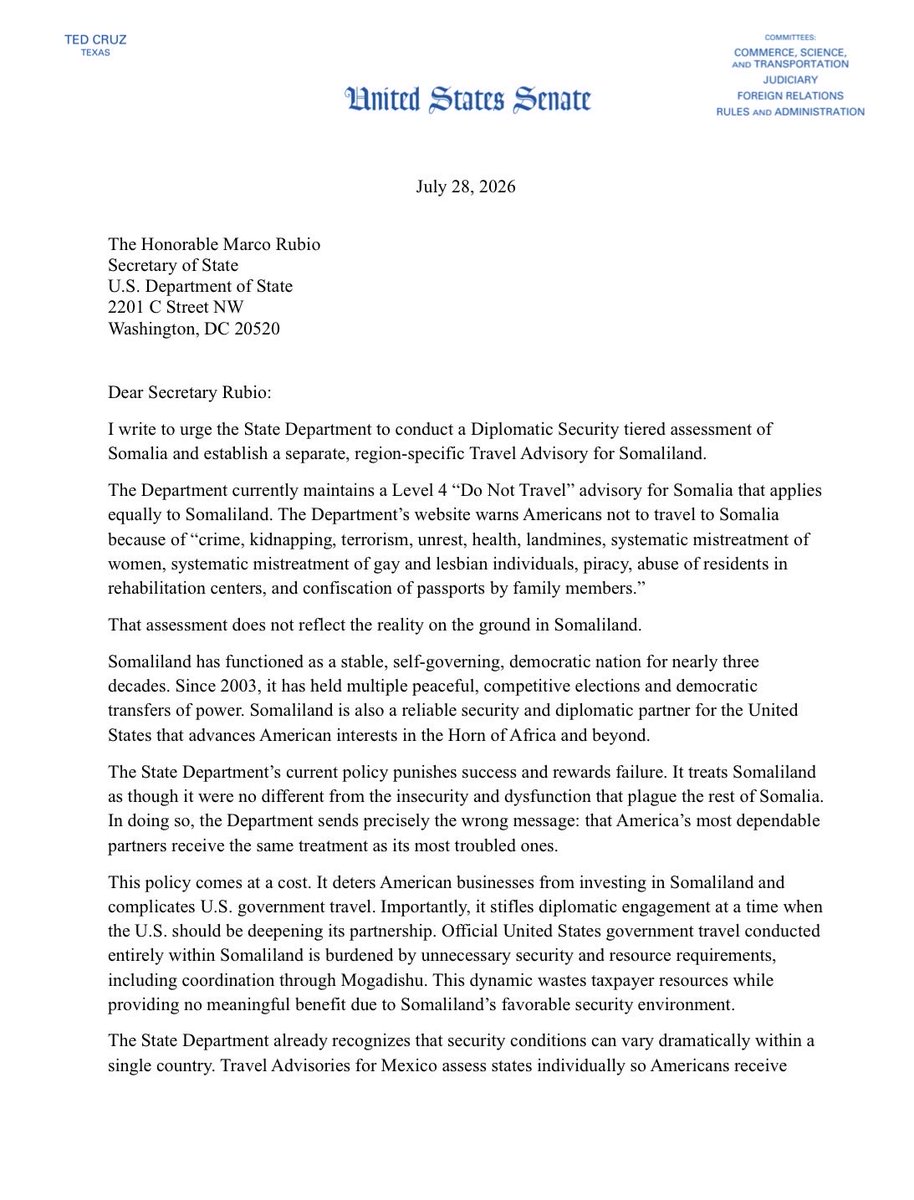 RepOfSomaliland's tweet photo. The Republic of Somaliland has earned its own U.S. travel advisory.

Decades of peace, democratic elections, and security should never be lumped together with Somalia’s failed state and ongoing instability. @SenTedCruz is right to urge @SecRubio to issue separate U.S. travel advisories for the Republic of Somaliland and Somalia.

Facts matter. Security matters. 
Reality matters.