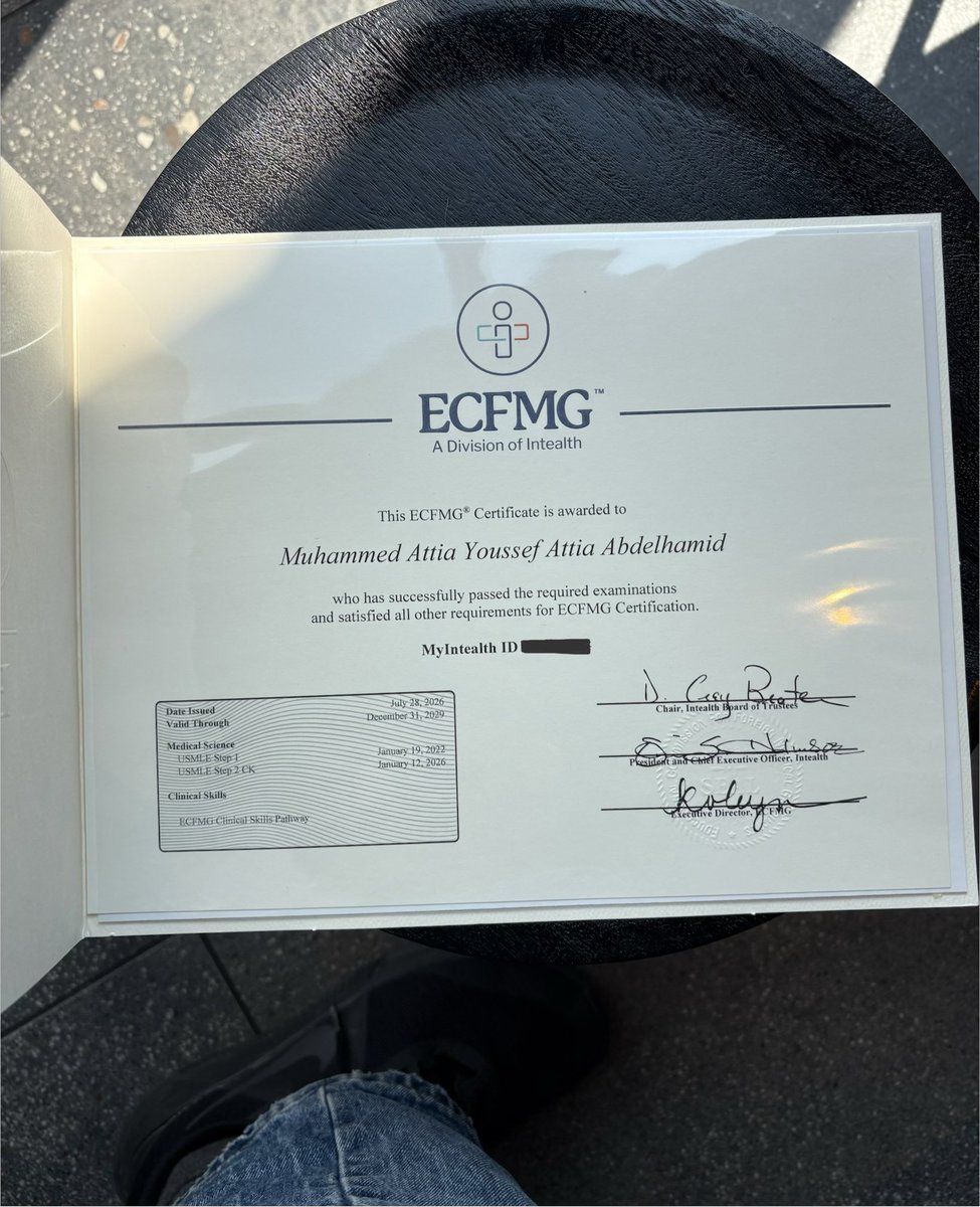 Muhamedattia41's tweet photo. Look what just came in the mail today!
Officially ECFMG certified. One step closer.🎉🎉
#Match2027 #USMLE
#med_twitter #IMG https://t.co/kbfxKyKxoo