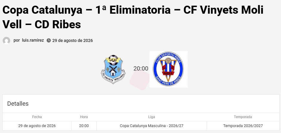 Futbaix_byluis's tweet photo. #CopaCatalunya #CFVinyetsMoliVell
⏰ Tenemos ya confirmado el primer horario para la 1ª Eliminatoria de la #CopaCat Masculina.
🛡️ El @VinyetsMoliVell recibe al @cdribes en el, si no estoy equivocado, primer partido de Copa Catalunya de la historia del club de #SantBoiLlobregat.
📅 29 de Agosto 2026.
⏰ 20h.
🏟️ Camp Municipal La Parellada.
#Futbolcat #FutbolBaixLlobregat #SegonaCatalana #2cat6 #TerceraCatalana #3cat #3cat12 #2cat