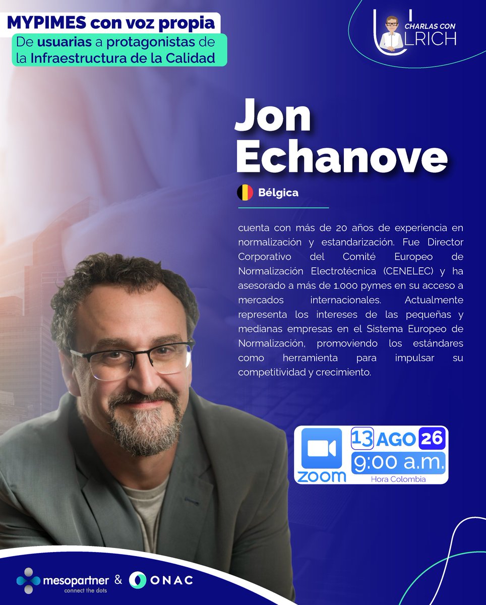 ONAC_COLOMBIA's tweet photo. ¿Cómo pueden las mipymes pasar de ser usuarias a protagonistas de la Infraestructura de la Calidad? Acompáñanos en #CharlasConUlrich con @jonechanove  y conoce experiencias para impulsar la competitividad y el acceso a mercados. 
👉Registro https://t.co/jdQOSyOys7 https://t.co/ntWGj6TYTA