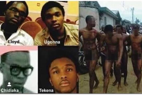 HarmlessHQ's tweet photo. This reminds me of the story of the “Aluu brothers.” A gruesome jungle justice that ended the lives of 4 University of Portharcourt students on 5th October, 2012.

The incident happened in Aluu, a community in Ikwerre, Rivers State.

There were 4 friends, Ugonna Obuzor, Lloyd Toku, Chiadika Biringa and Tekena Elkanah, who were occasional roommates and students of the university of Portharcourt. 

Ugonna had a debtor, Bright, who was owing him an amount of money but refused to pay up despite several pleadings from Ugonna.

On that day, November 5, Ugonna sought the company and help of his friends, Lloyd, Chiadika and Tekena to retrieve the money from Bright. Together, the 4 boys went to Bright’s house for the money. During the conversations, there was a rising tension and Bright, who was not ready to pay up, started raising the alarm, shouting thief! thief! 

He accused the 4 boys of entering the neighborhood to steal laptops, phones and other electronics. Immediately, a mob gathered and descended on these 4 boys. 

They beat them up with planks, hit them with slabs and dragged them through the streets of Aluu, in the presence of the Nigeria Police. 

The mob were too many and no object was spared in beating the 4 friends. 

During the beating, Tekena’s sister managed to push through the crowd to see the boys who committed the crime and got shocked to see her brother Tekena, lying on the floor alongside his 3 friends with tires hung across their necks. 

The sister cried, begged the police and pushed through the crowd crying and pleading for the boys to be set free because they were innocent but the mob overpowered her and in her presence, the 4 boys were set ablaze.

While the boys were burning, a young man casually asked about the person whose belongings they stole but there was no one. 

However, arrests were made and a police sergeant was convicted.