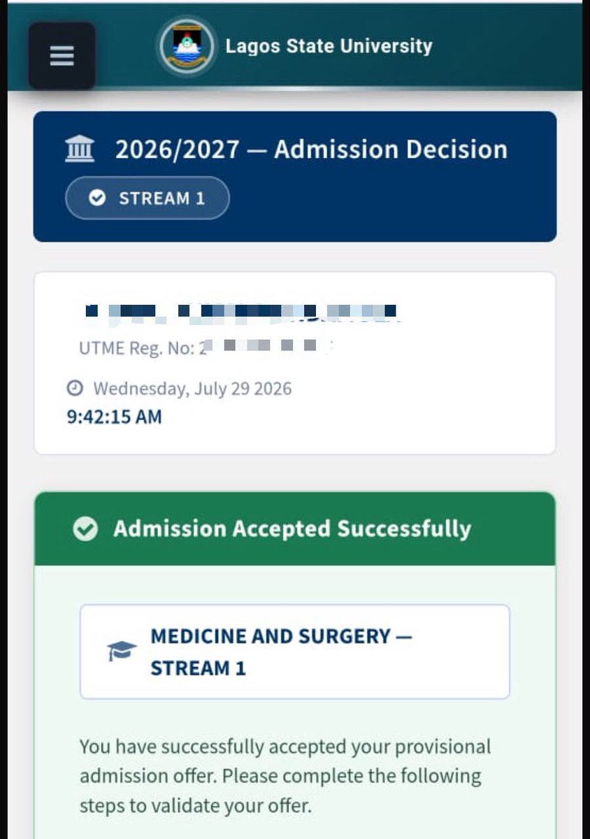 LUSUTrend's tweet photo. LASU release First Batch (Marit List) for the 2026/2027 Academic Session 

Kindly check your admission portal to see if you have been offered admission. If admitted, accept your admission as soon as possible. https://t.co/LtEkggE2IO