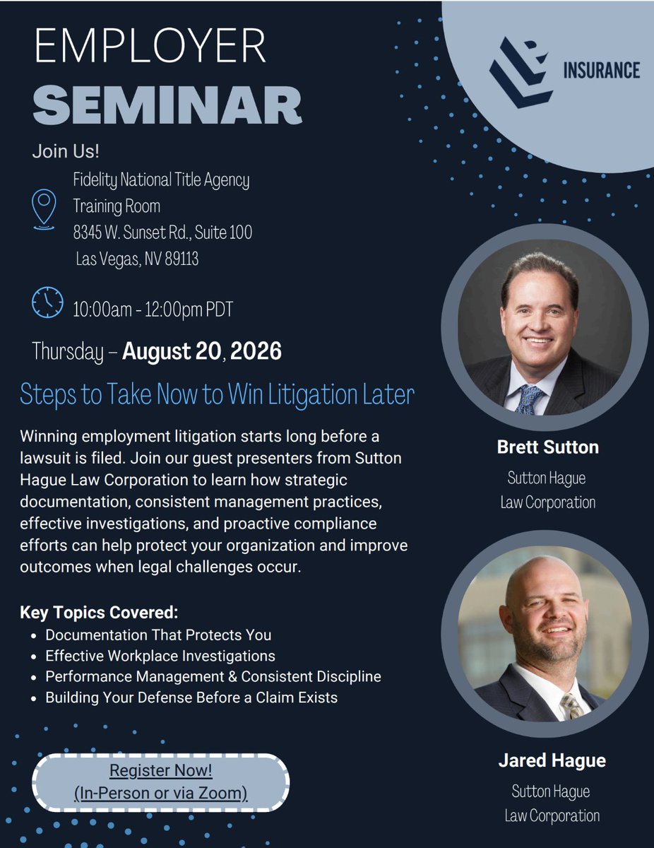 SuttonHagueLaw's tweet photo. Join us for our Employer Seminar: Steps to Take Now to Win Litigation Later on 8/20 from 10am –12pm PDT at the Fidelity National Title Agency Training Room or attend via Zoom. This seminar is sponsored by LP Insurance. Register here: https://t.co/EqUf2ZDO2h https://t.co/AuPbA1AjYj