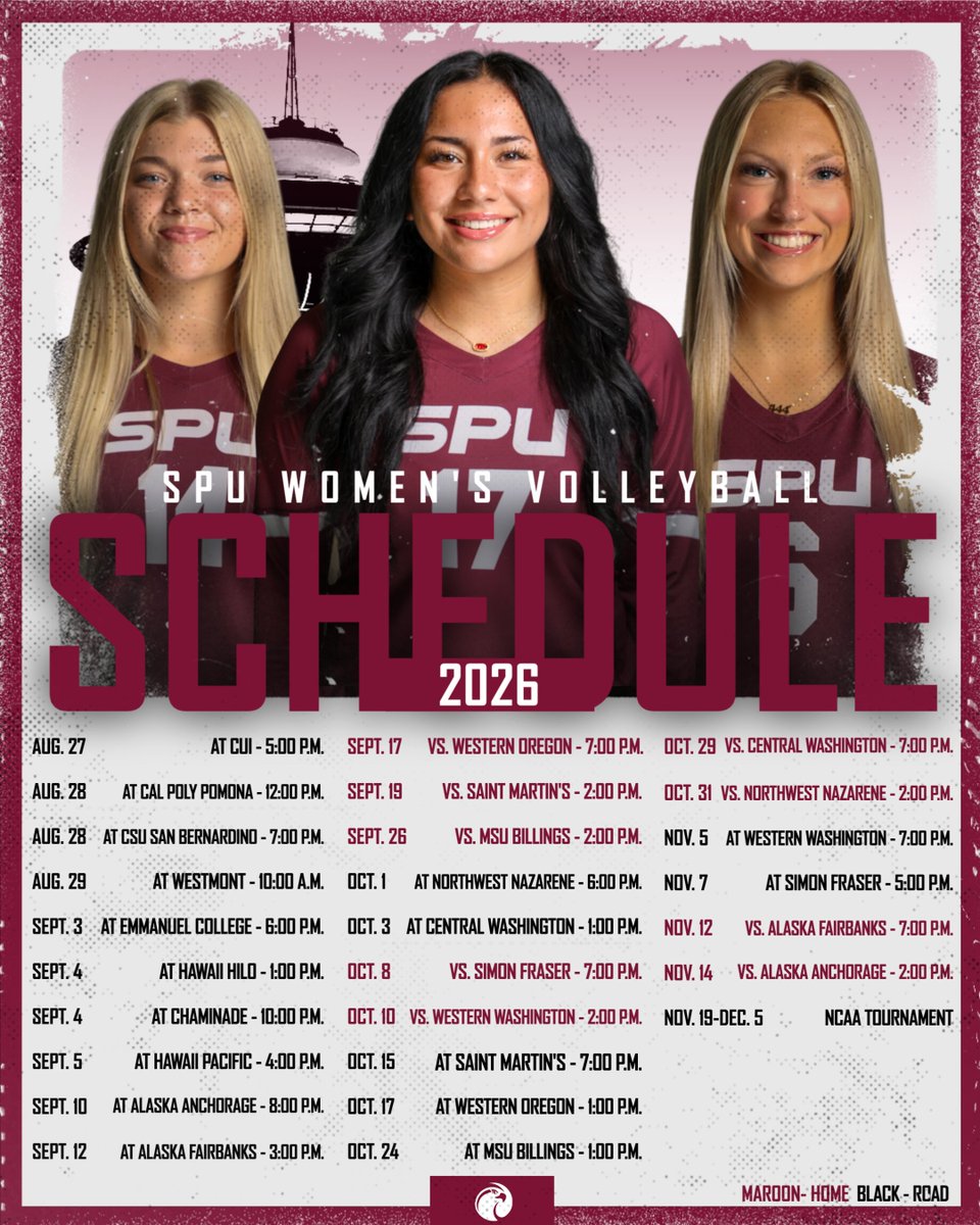 SPUsports's tweet photo. SPU women's volleyball head coach Jason Rhine announced the Falcons' 2026 schedule, featuring a 26-match slate with two early-season tournaments, eight home contests and another challenging GNAC schedule.
More | https://t.co/sdBb5lsZ6g
#GoFalcons https://t.co/R1bwQKXuAH
