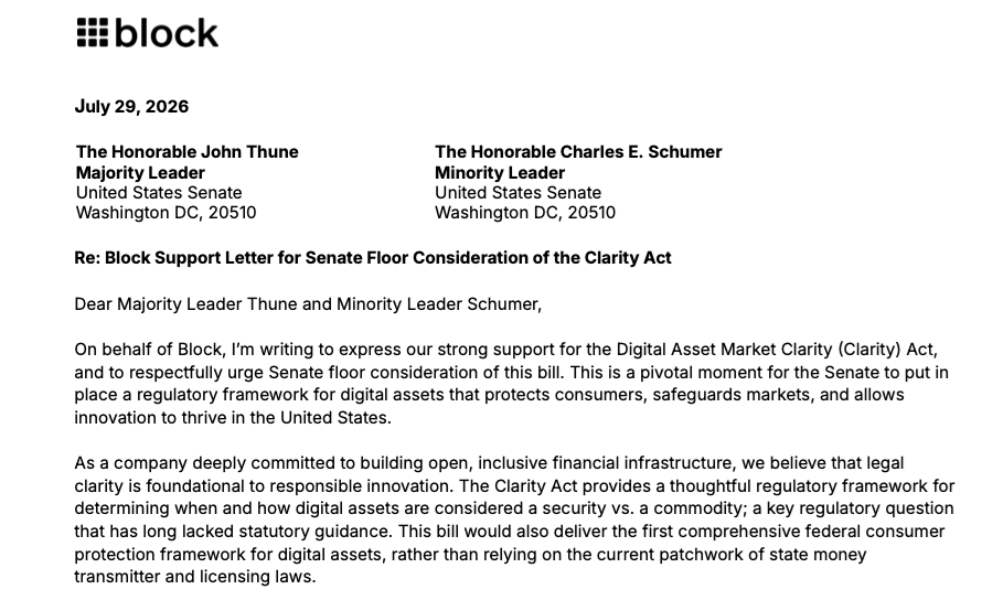 BitcoinArchive's tweet photo. JUST IN: JACK DORSEY’S BLOCK URGES SENATE TO APPROVE THE CLARITY ACT 🟩🗳️

“Strong safeguards against crime and enhancing responsible innovation are not competing goals.” 

 “Service providers who do not custody assets should not be considered money transmitters.” https://t.co/qHxvZTQ1yT