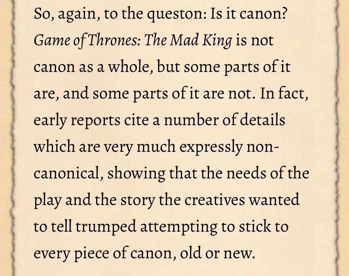 thelaughinstorm's tweet photo. so I was right, some parts of the mad king play are canon but some parts of it are not. https://t.co/RdV6izobaU