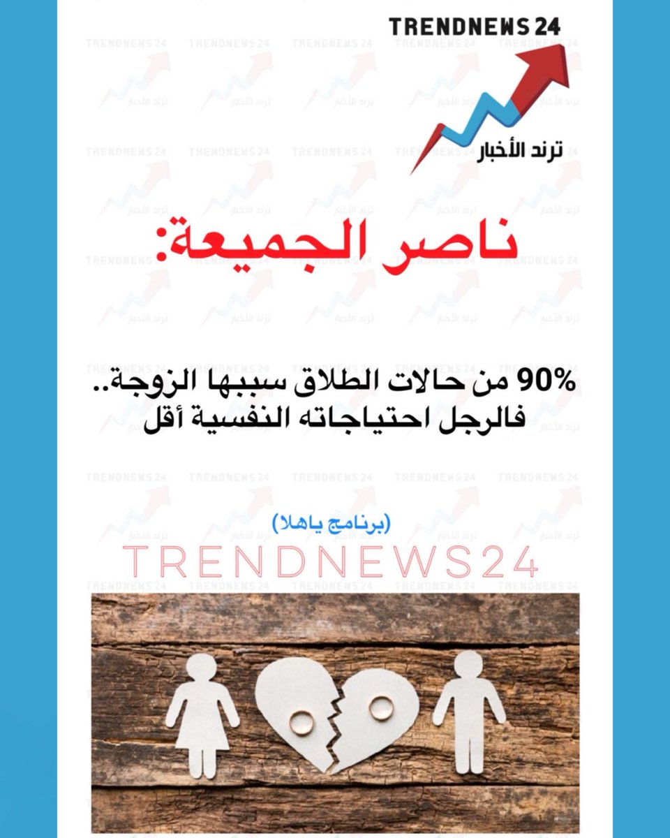trendnews_24's tweet photo. ناصر الجميعة:

%90 من حالات الطلاق سببها الزوجة..
فالرجل احتياجاته النفسية أقل

(برنامج ياهلا) https://t.co/SfBINbyzaM