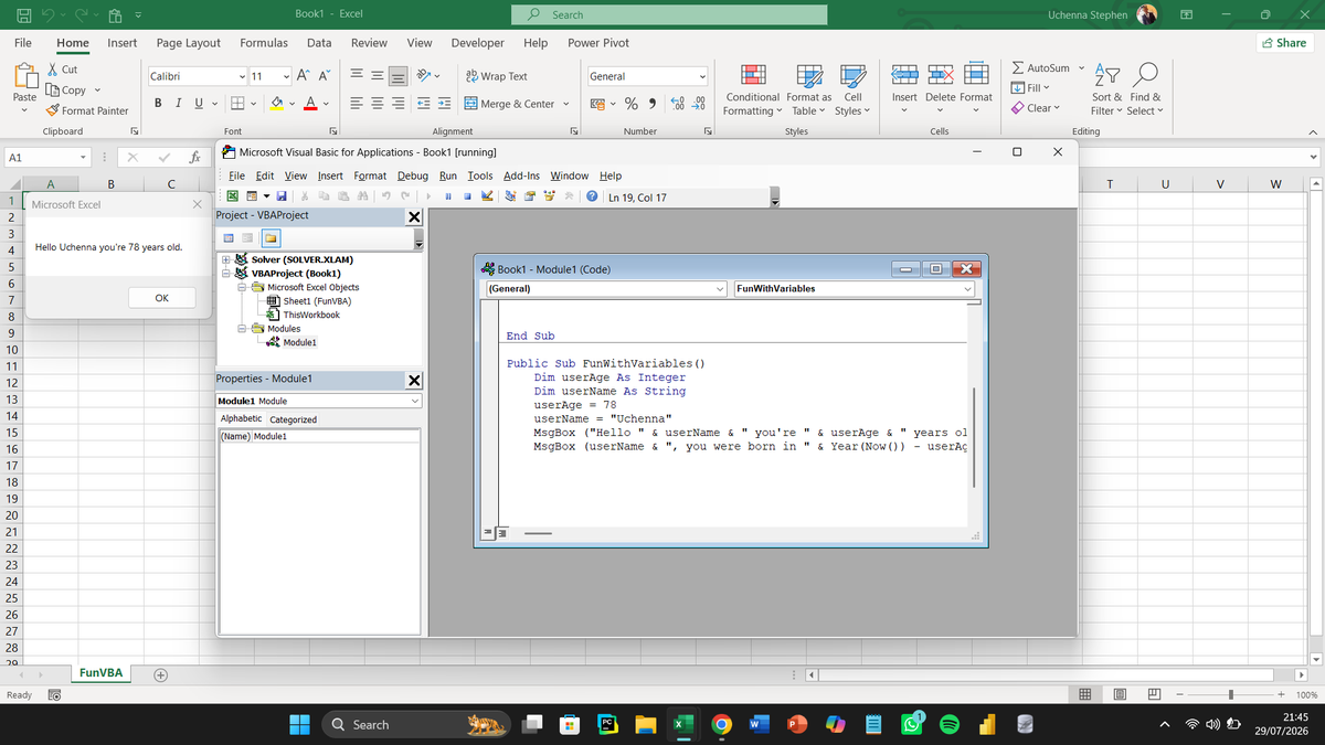 analyst_uchenna's tweet photo. Day 13 of my Excel &amp; Data Analytics Journey

I always thought programming was separate from Excel.

Today I discovered Excel has its own programming language.
Writing my first VBA code changed how I look at spreadsheets. There's more to Excel than I imagined.
#LearningInPublic https://t.co/I3YpTZVzFB