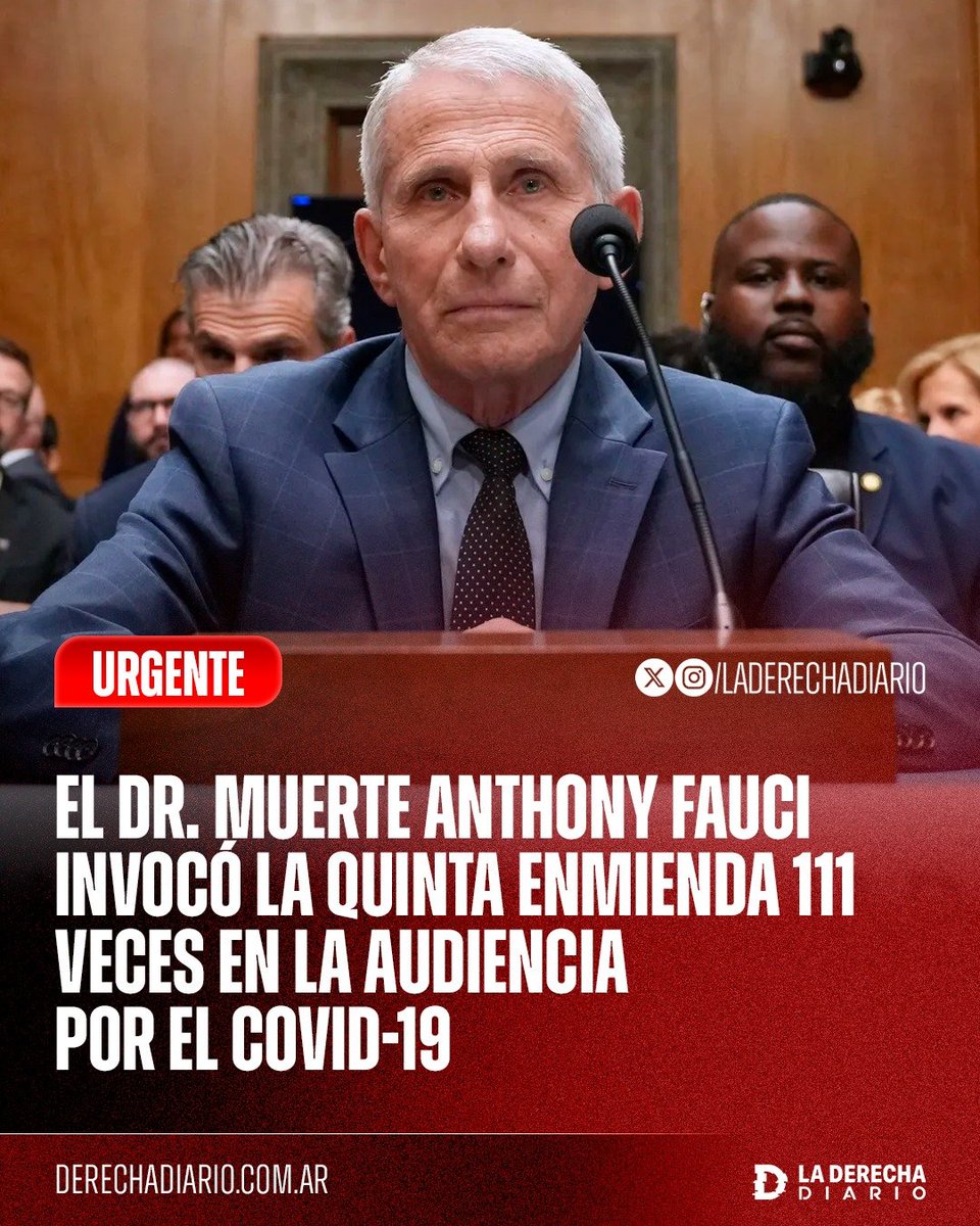 laderechadiario's tweet photo. 🚨🇺🇸 | TIENE QUE PAGAR: Anthony Fauci, el encargado de la respuesta al COVID-19 durante la administración Biden, invocó 111 veces la Quinta Enmienda durante la audiencia para evitar responder preguntas que podían incriminarlo, mientras crecen las acusaciones por su papel en el encubrimiento del origen del virus, las políticas implementadas y la censura impuesta durante la pandemia.