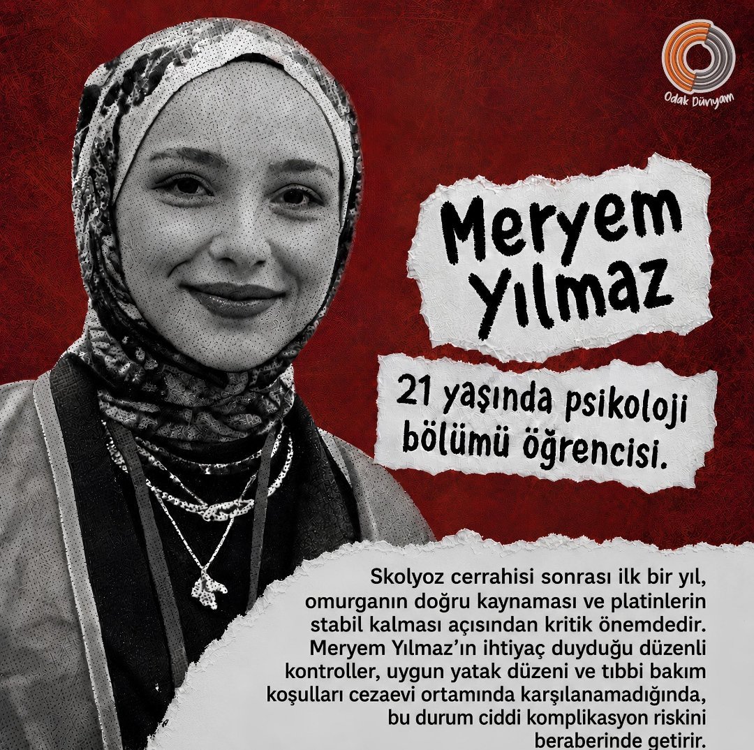 ciftlers76's tweet photo. Meryem'i unutmayin.
O daha 21 yasinda
Meryem skolyoz hastasi.
Sirtinda platin plakalar/ vidalar var.
Meryem sucluysa 85 milyonda masum kimse yoktur.
Meryem rejimin vicdansizliginin acik bir ispatidir.
Meryem DARBE seysinde henuz 11 yasindaydi.
Meryem hapiste.... https://t.co/1ewVUVAHqE